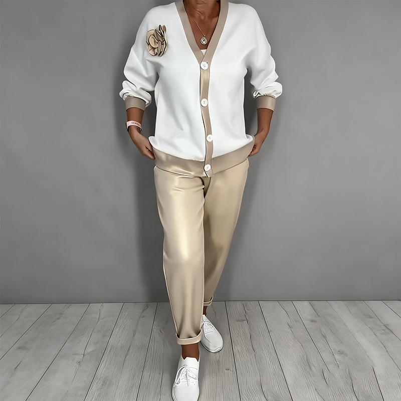 Women's Casual V-Neck Top & High Waist Pants 2-Piece Set