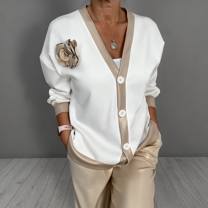 Women's Casual V-Neck Top & High Waist Pants 2-Piece Set